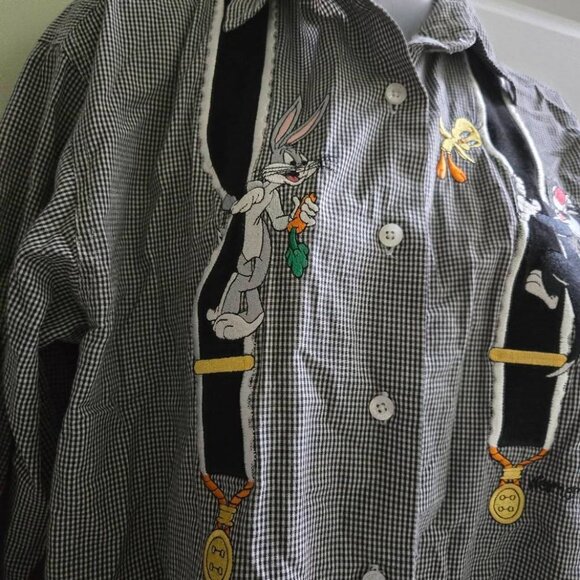 Vintage Warner Bros Looney Tunes Plaid Embroidered Suspenders Button Down Top - Picture 8 of 11